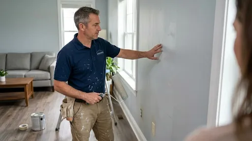 Detail of a smooth painted interior wall and baseboard