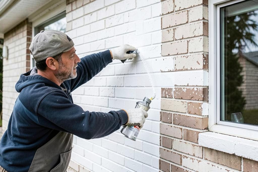 Painter spraying masonry paint on a brick house exterior in Georgia