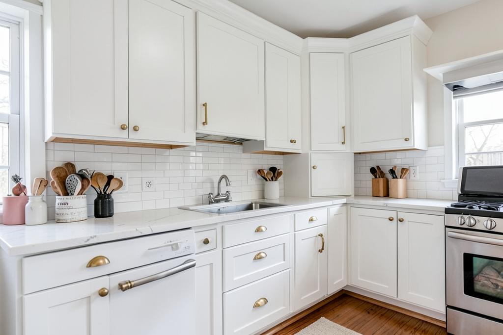 Freshly painted white kitchen cabinets with brass hardware in an Atlanta, GA kitchen