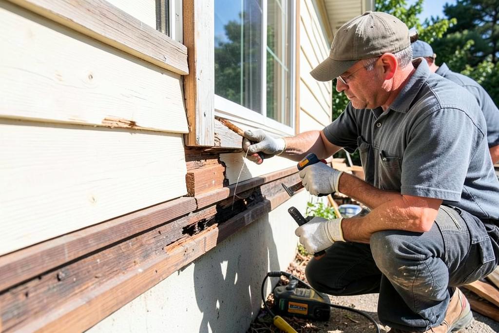 Carpenter replacing rotted exterior trim board before painting on a Georgia home