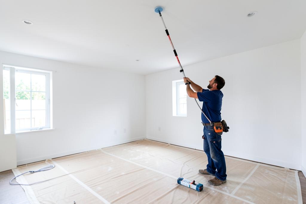 Painter rolling a flat white ceiling with an extension pole in a Georgia home