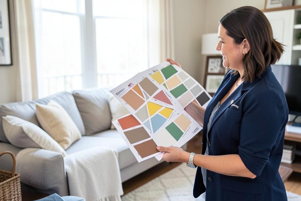 Color consultant reviewing paint swatches with a homeowner in a metro Atlanta living room