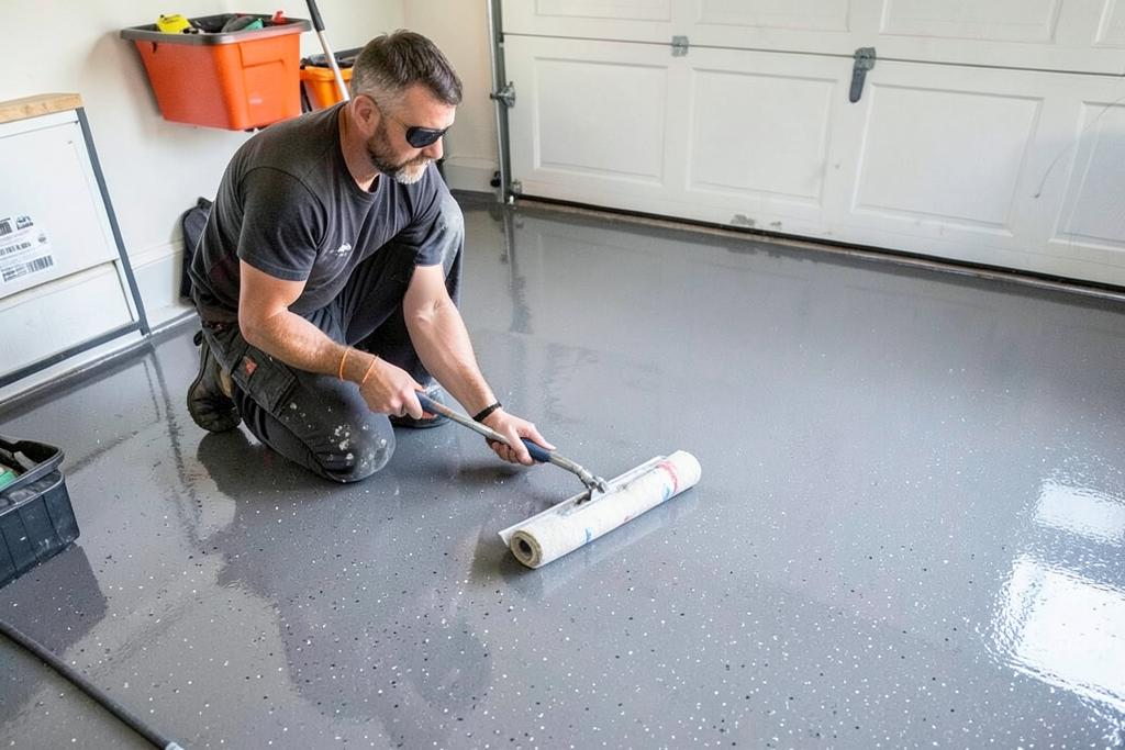 Applying grey epoxy floor coating to a residential garage floor in Atlanta, GA