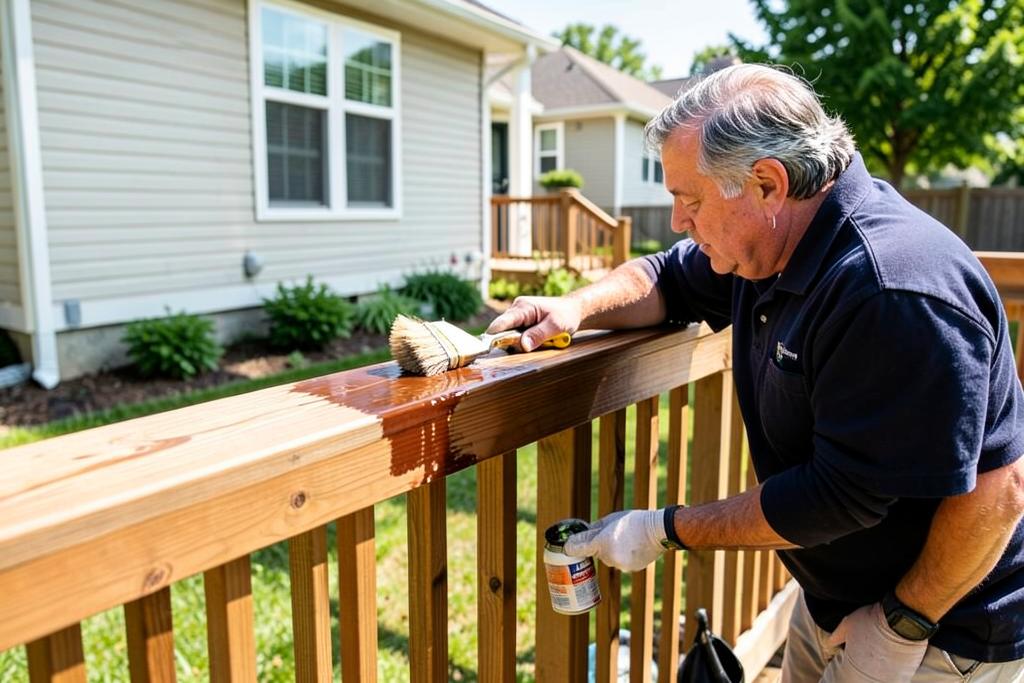 Painter brushing solid stain onto a backyard deck railing at a metro Atlanta home
