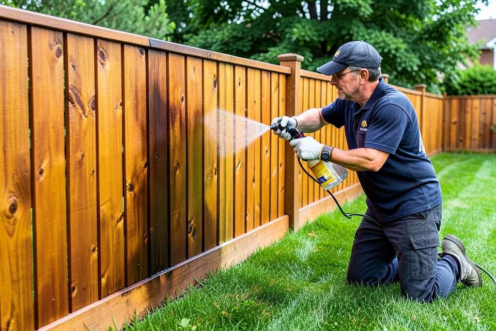 Worker spraying cedar stain onto a backyard privacy fence in Georgia