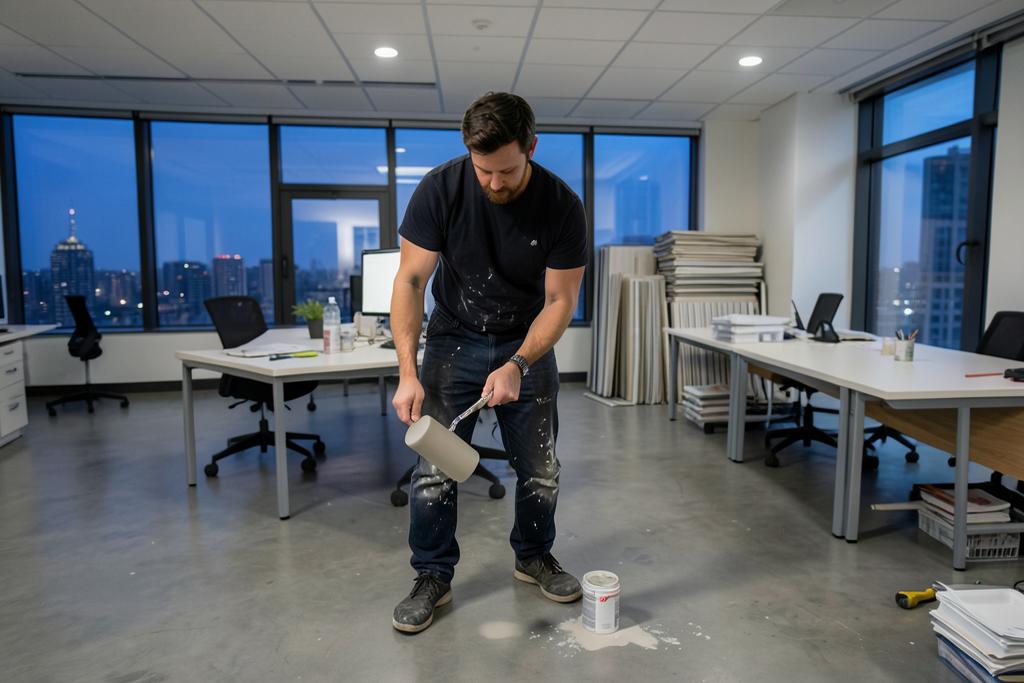 Painter rolling neutral paint in an empty office suite after hours in Atlanta, GA