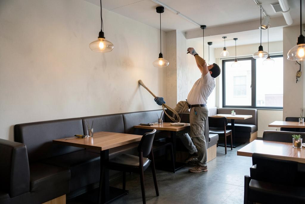 Painter finishing a wall in a restaurant dining room in Atlanta, GA