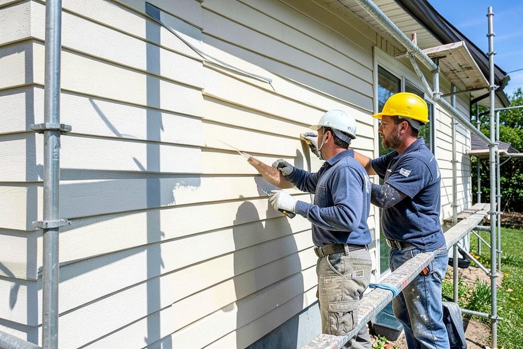 Crew repairing and painting lap siding on a house exterior in metro Atlanta