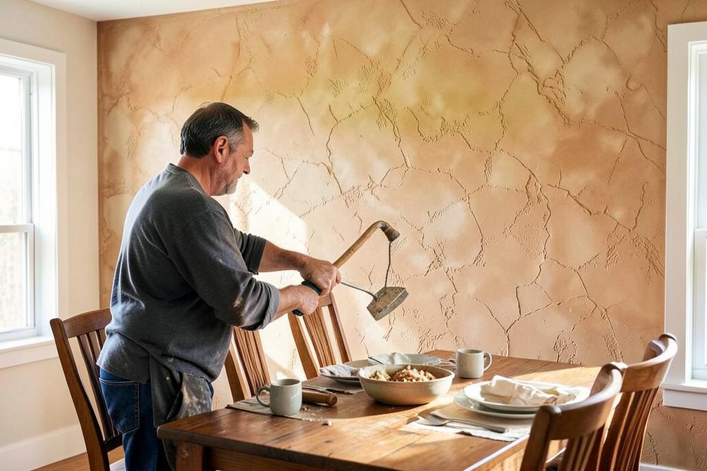 Craftsman troweling a warm plaster faux finish onto a dining room accent wall in Georgia