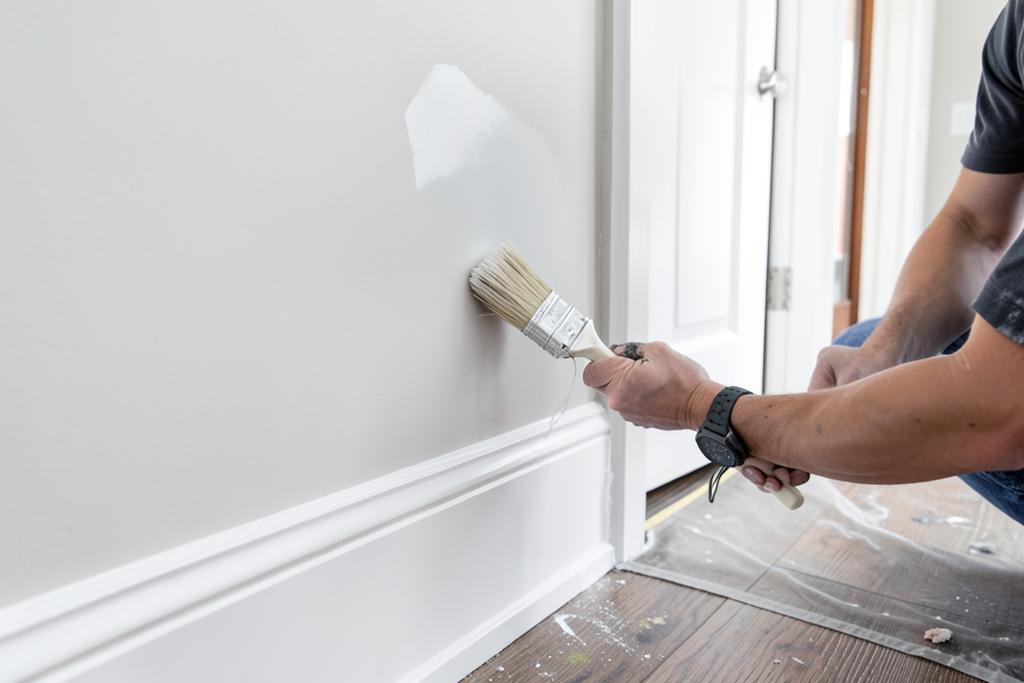 Painter brushing white enamel on baseboards and door casing in an Atlanta, GA home