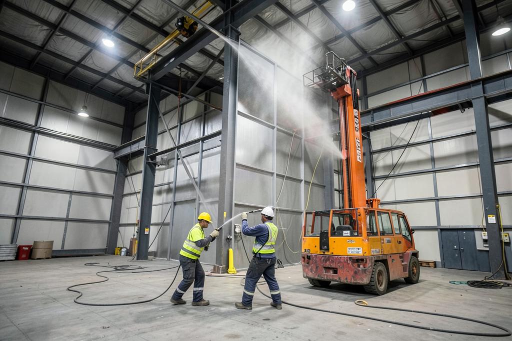 Crew spraying industrial coatings on warehouse steel and walls in Georgia